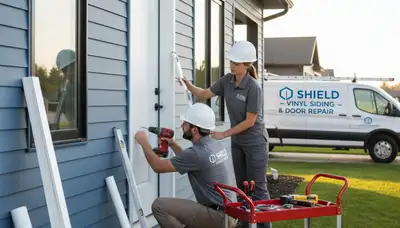 Technician repairing vinyl door frame on home exterior in Jacksonville, FL