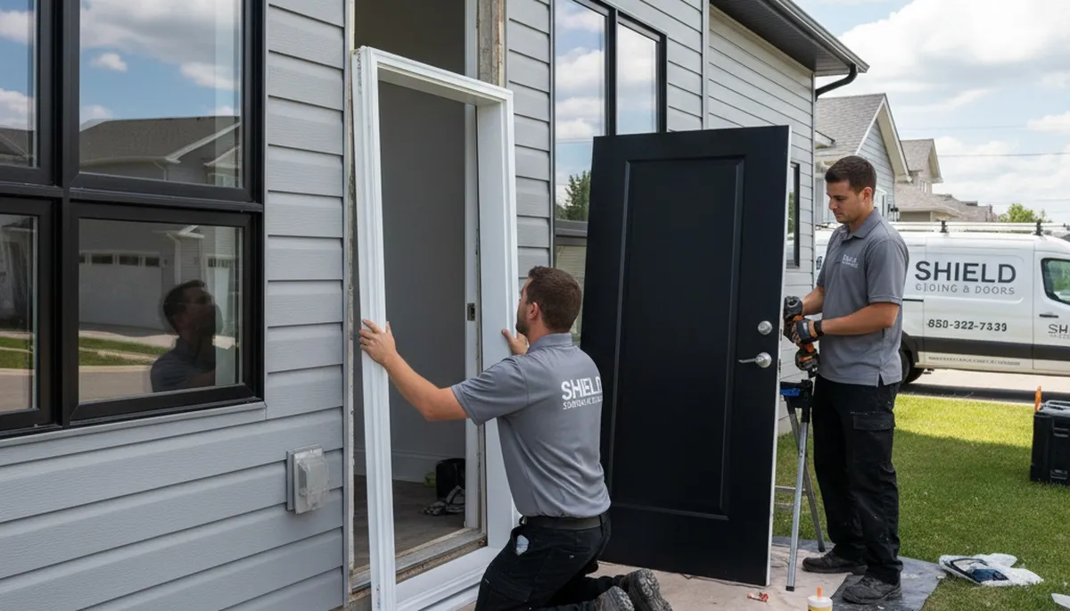Door repair experts fixing warped home entry in Jacksonville FL by Next Level Exteriors