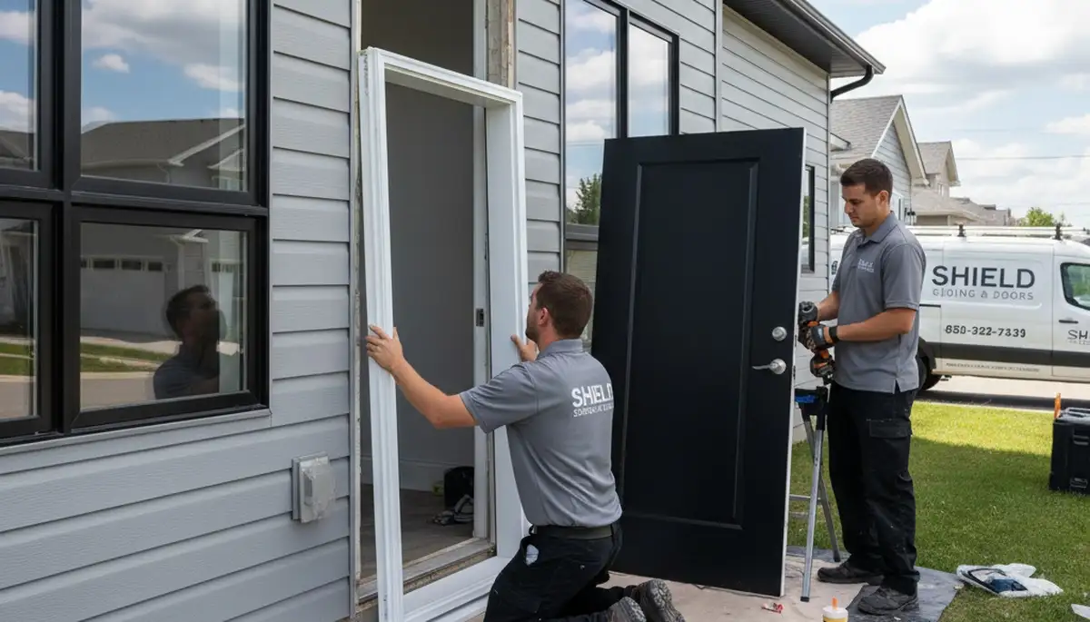 Door repair experts fixing warped home entry in Jacksonville FL by Next Level Exteriors