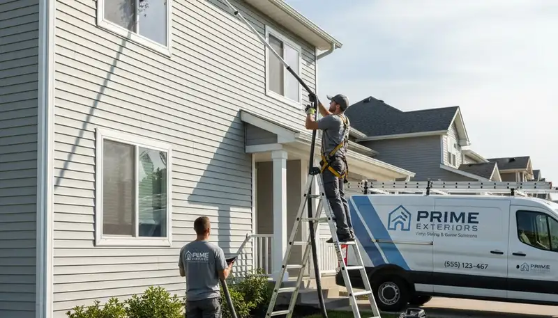 Technician cleaning home gutters in Jacksonville FL for Next Level Exteriors vinyl siding service