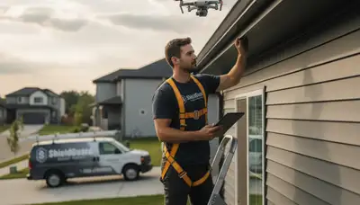 Technician performing gutter inspection on vinyl siding home in Jacksonville, FL