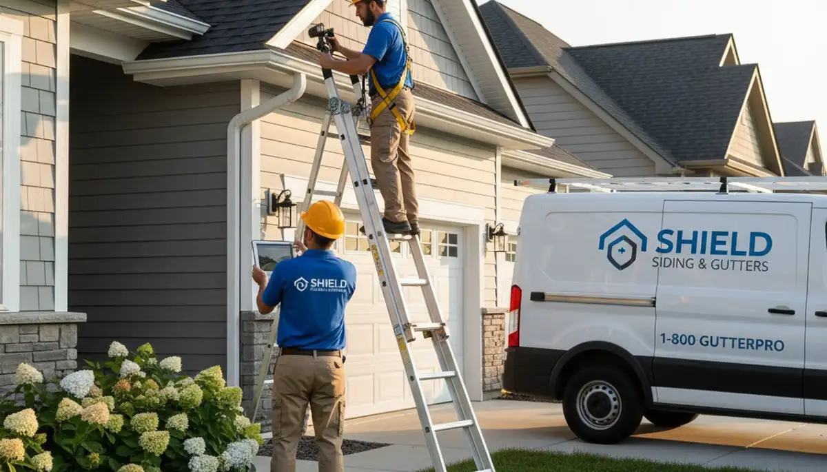 Technician performing gutter inspection on home with vinyl siding in Jacksonville, FL