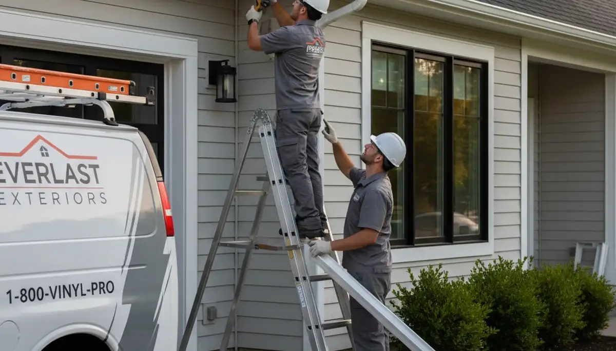 Technician repairing home gutters and vinyl siding in Jacksonville, FL for Next Level Exteriors