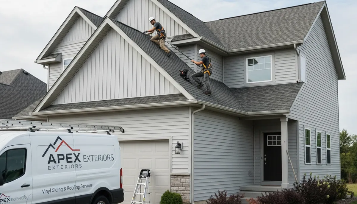 Roof inspection team assessing vinyl siding and shingles in Jacksonville FL home exterior