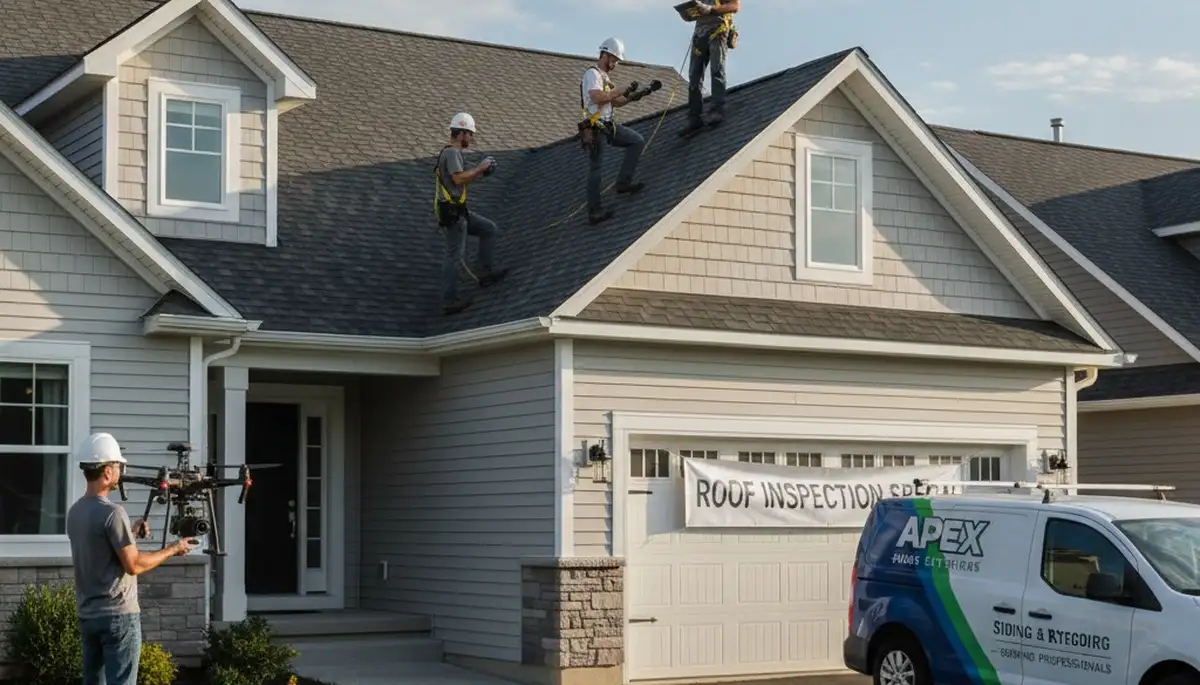 Roof inspection specialist checking vinyl siding and shingles in Jacksonville FL home exterior