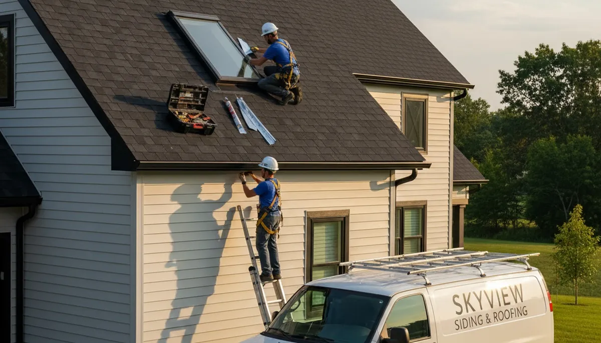 Vinyl siding contractors repairing skylight leak in Jacksonville FL home exterior