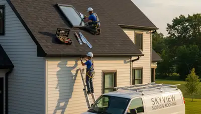 Vinyl siding contractors repairing skylight leak in Jacksonville FL home exterior