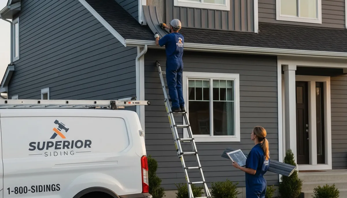 Technician repairing damaged vinyl siding on Jacksonville FL home exterior