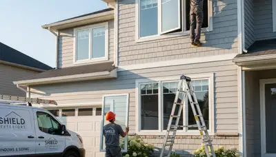 Technician repairing storm-damaged window frame on vinyl siding home in Jacksonville, FL