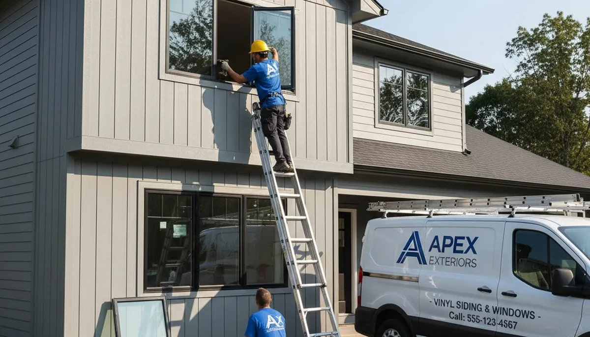 Technician repairing storm-damaged window frame at Jacksonville FL home by Next Level Exteriors