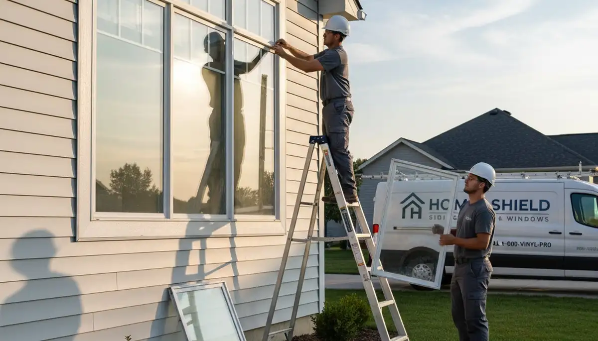 Vinyl siding contractor repairing storm-damaged window frame in Jacksonville, FL home exterior